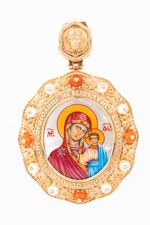 Нательная икона из красного золота 585 пробы с эмалью, жемчугом, кораллом и перламутром